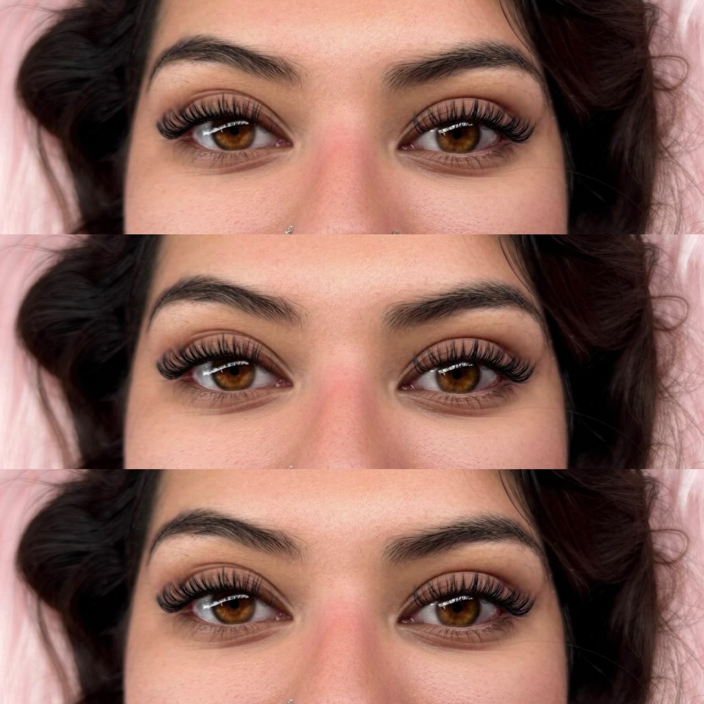 Wet Set lash extensions, three-stack progression on brunette