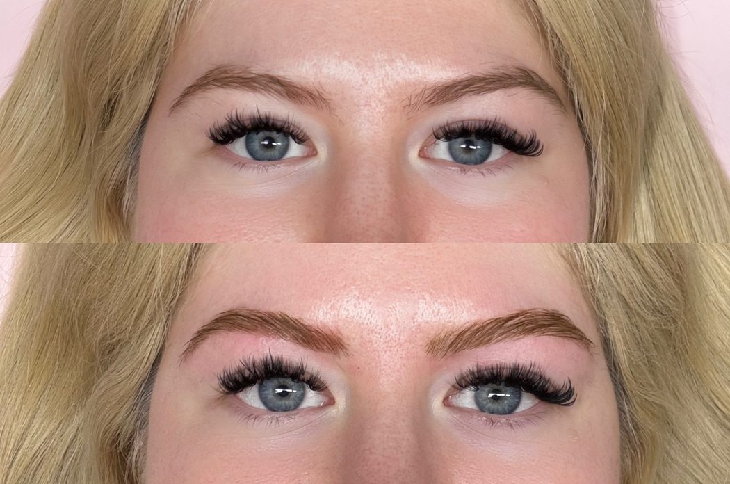 Brow lamination, before and after on blonde client
